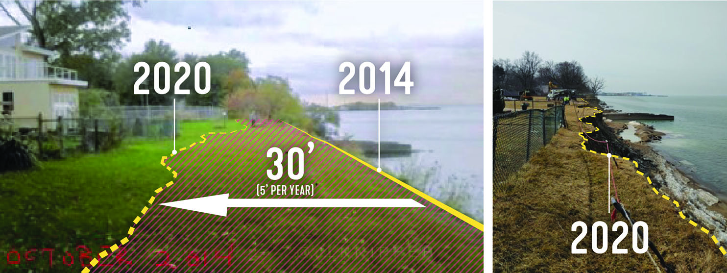 Photographs showing 30 feet of bluff recession from 2014 to 2020 threatening homes overlooking Lake Erie in Euclid Ohio