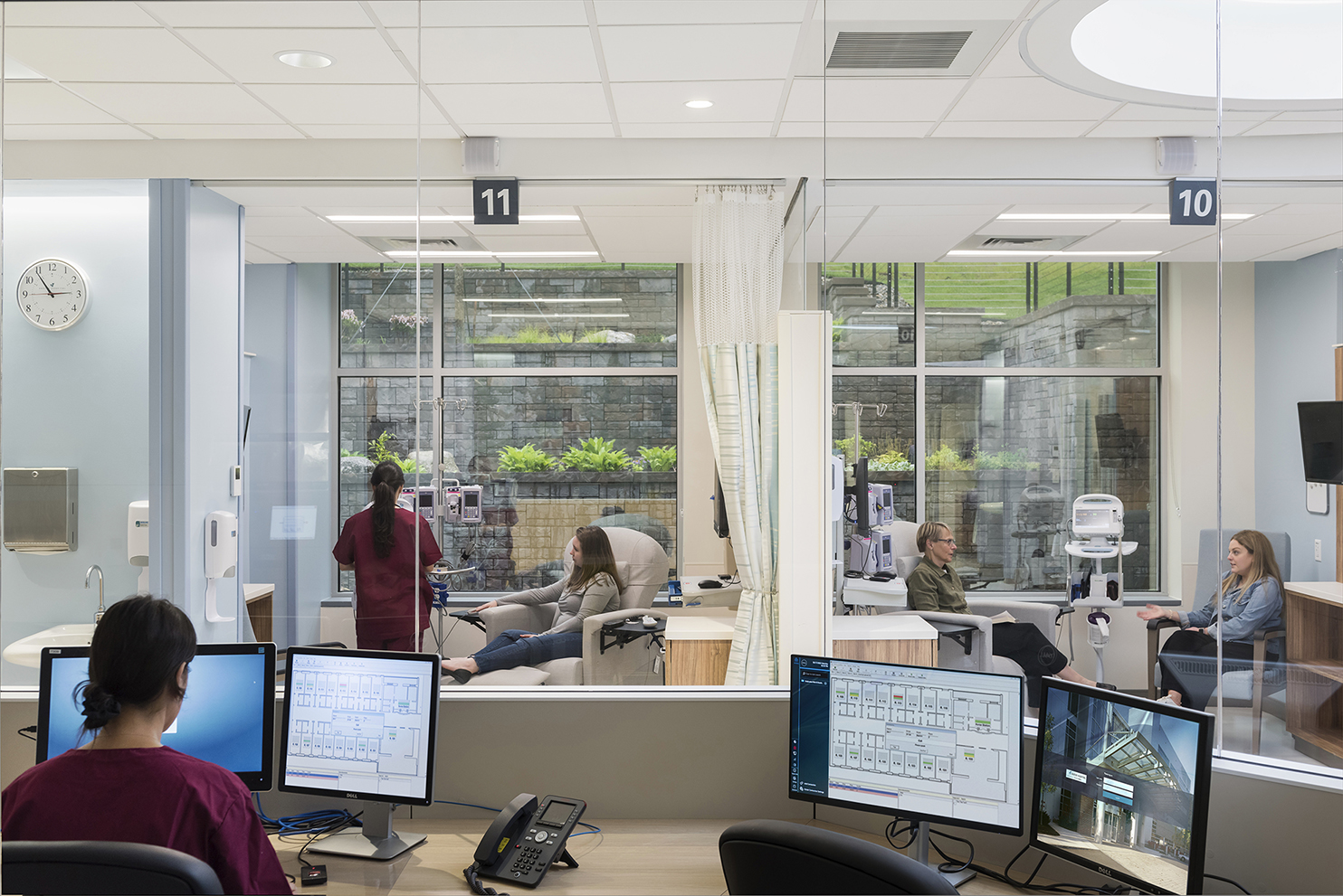 Photograph of cancer center infusion spaces with garden views 