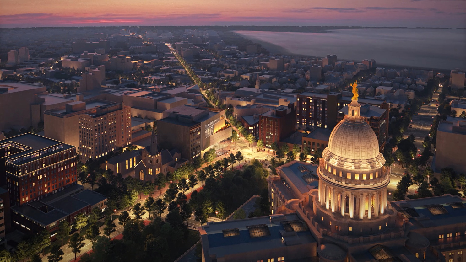 Aerial rendering of new Wisconsin History Center near Madison's Capitol building at sunset