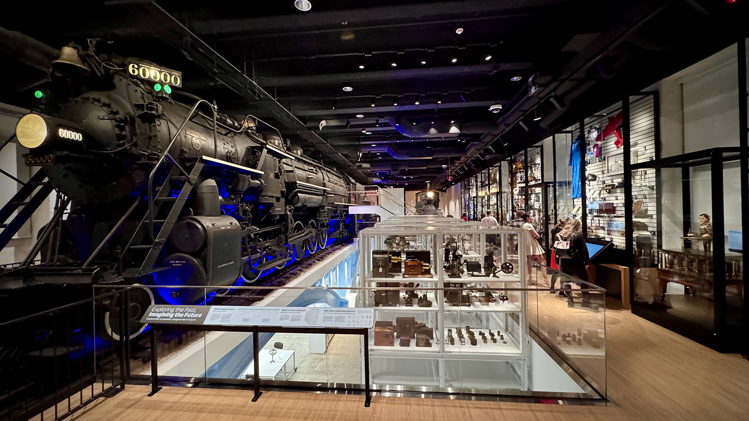 Photo of the Baldwin locomotive on exhibit in a renovated gallery at The Franklin Institute in Philadelphia