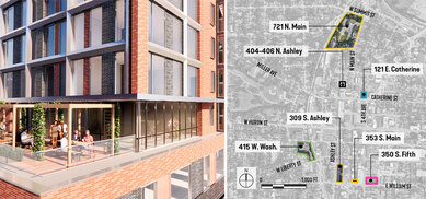 Concept rendering and map of AAHC multi-site housing development strategy
