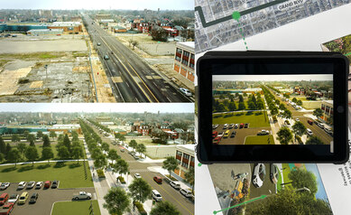 Photo of existing conditions along Grand Blvd. accompanied by a rendering of the proposed design transformation