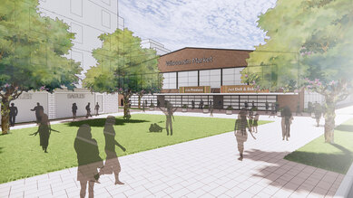 Conceptual rendering of plaza framed by new development and repurposed WMATA bus garage along Wisconsin Ave.