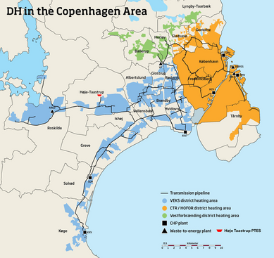 Map showing district heating areas, energy plants and pipelines in the Copenhagen area