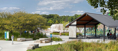 Photo of the entrance to Jim Engledow Commons at West Park, Carmel, Indiana