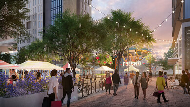 Conceptual rendering of a high-speed rail station in Fresno, CA featuring active public space