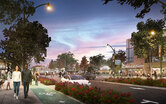 Conceptual rendering of a transit-oriented neighborhood and street network outside a proposed rail station