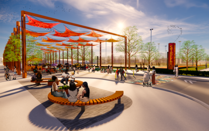 Rendering of proposed community space on Success Street with colorful tensile shade structure and amenities