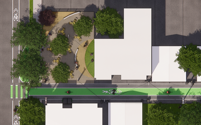 Aerial rendering of alley designed to enhance bike/ped. connection