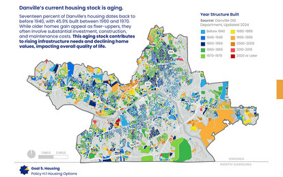 Map showing Danville's housing stock built before 1940 and by decade from 1940 to the present