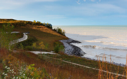 Photo of restored bluff and trails leading down to water's edge at Lake Vista Park